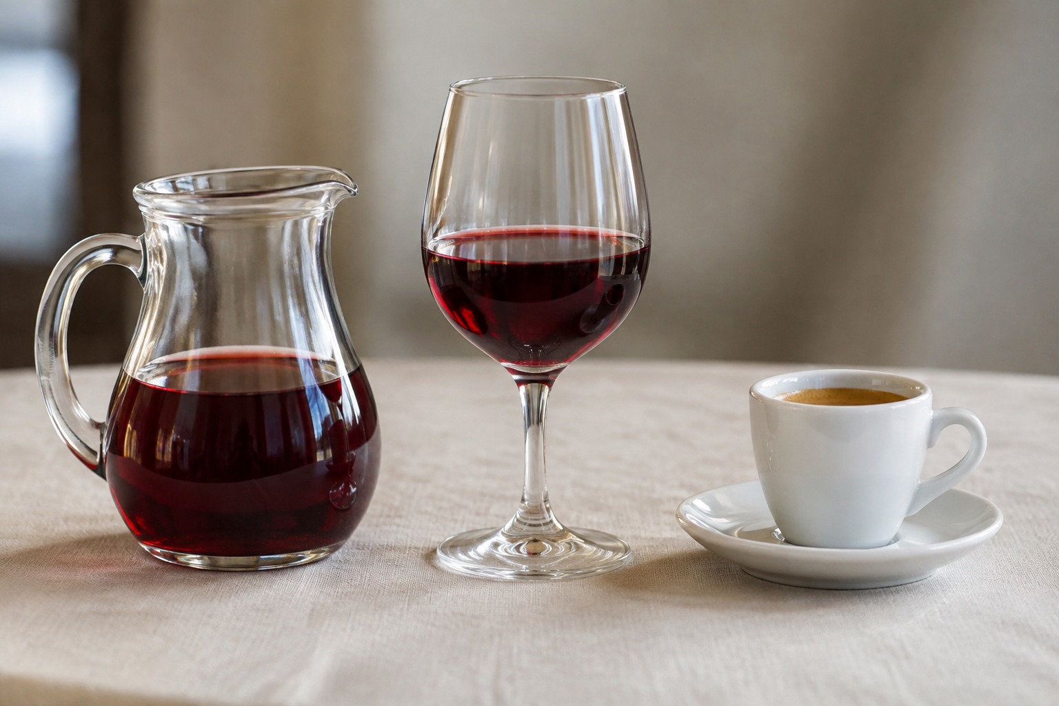 Un pichet de vin rouge, un verre de vin rouge et une tasse de café sur sa soucoupe, disposés sur une table.
